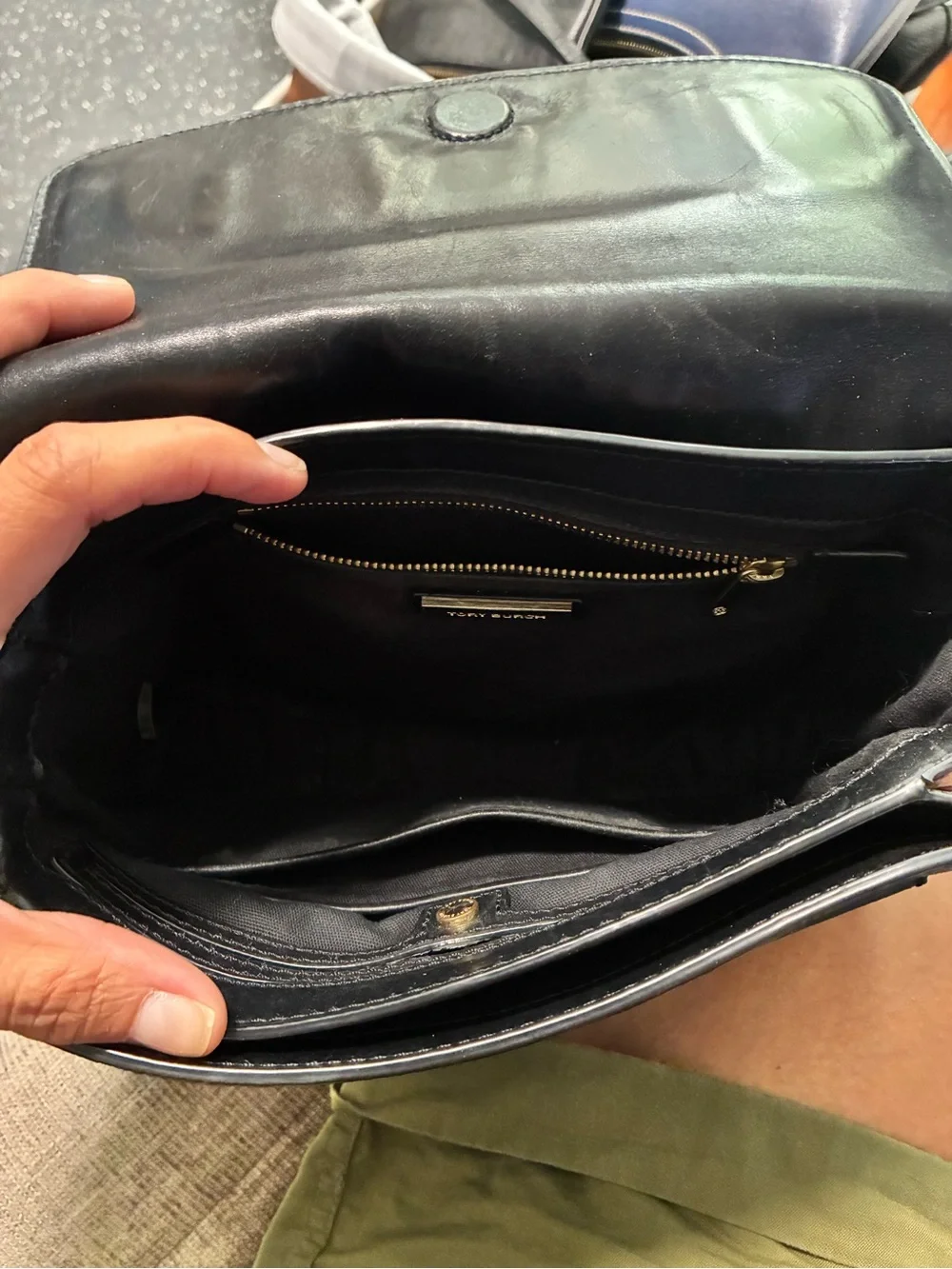 Tory Burch Black Pebbled Leather Dome Crossbody with Gold Logo
